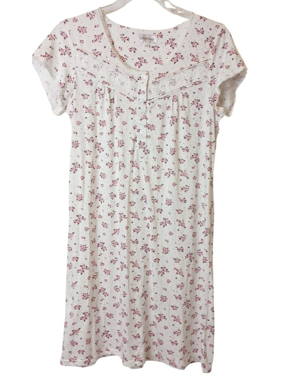 Body Touch Womens Medium Floral Nightgown Lace Accents Short Sleeve Button #I-2
